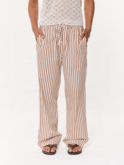 Tan Brown Striped Seersucker Pull-on Pants